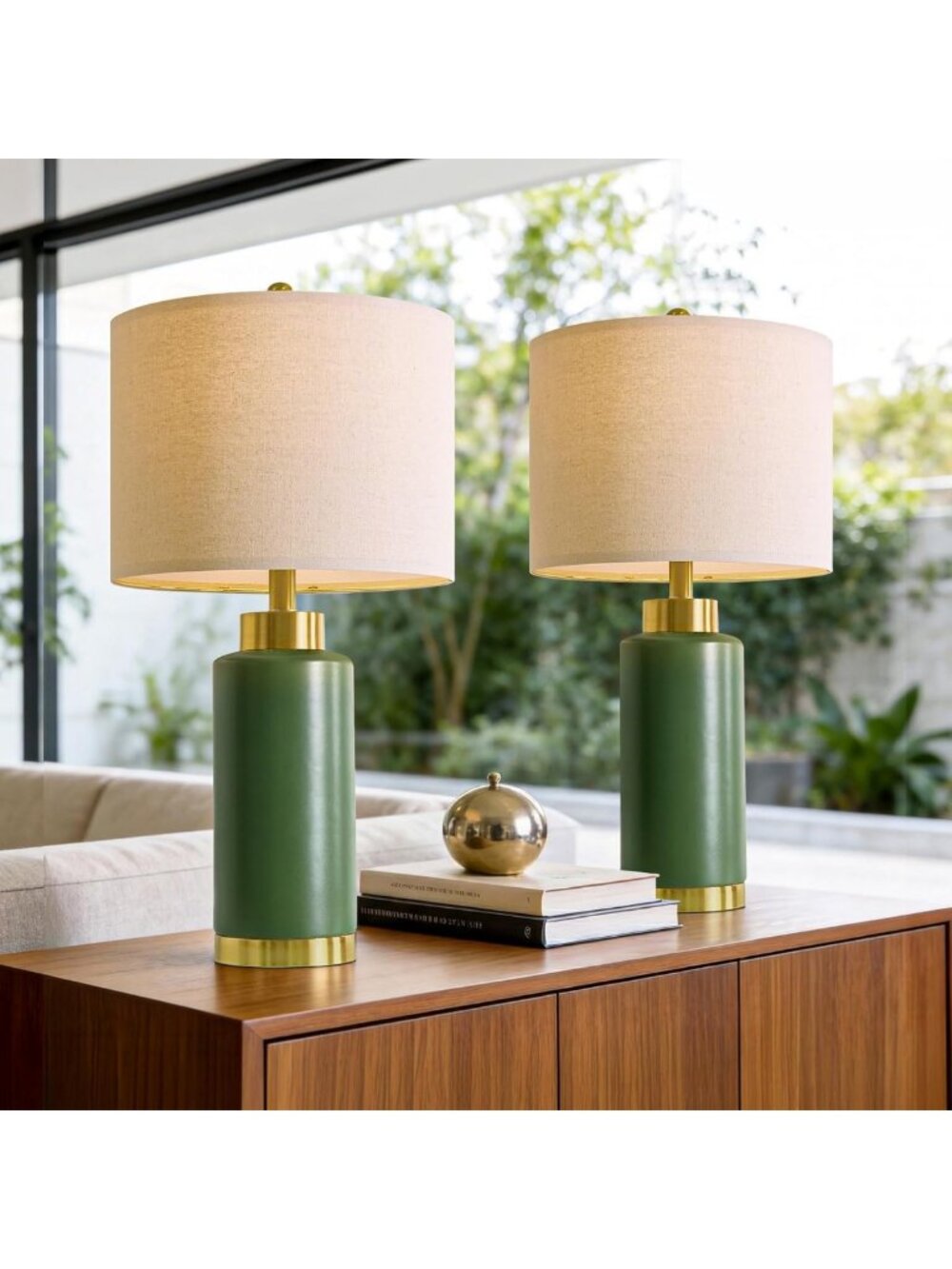 Set of 2 Modern Green Ceramic Table Lamps - Mid-Century Nightstand Lighting